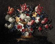 Juan de Arellano roses and other flowers in a wicker basket on a ledge oil painting artist
